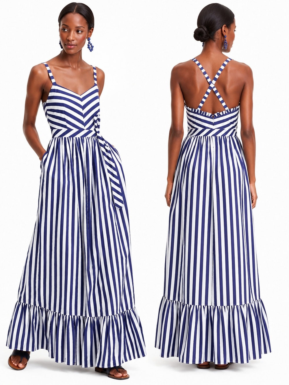 J.Crew Blue White Stripe Maxi Dress Size 00 Coastal Nautical Pockets euro summer